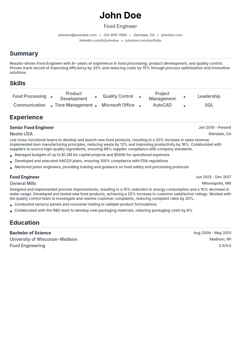 Food Engineer resume example