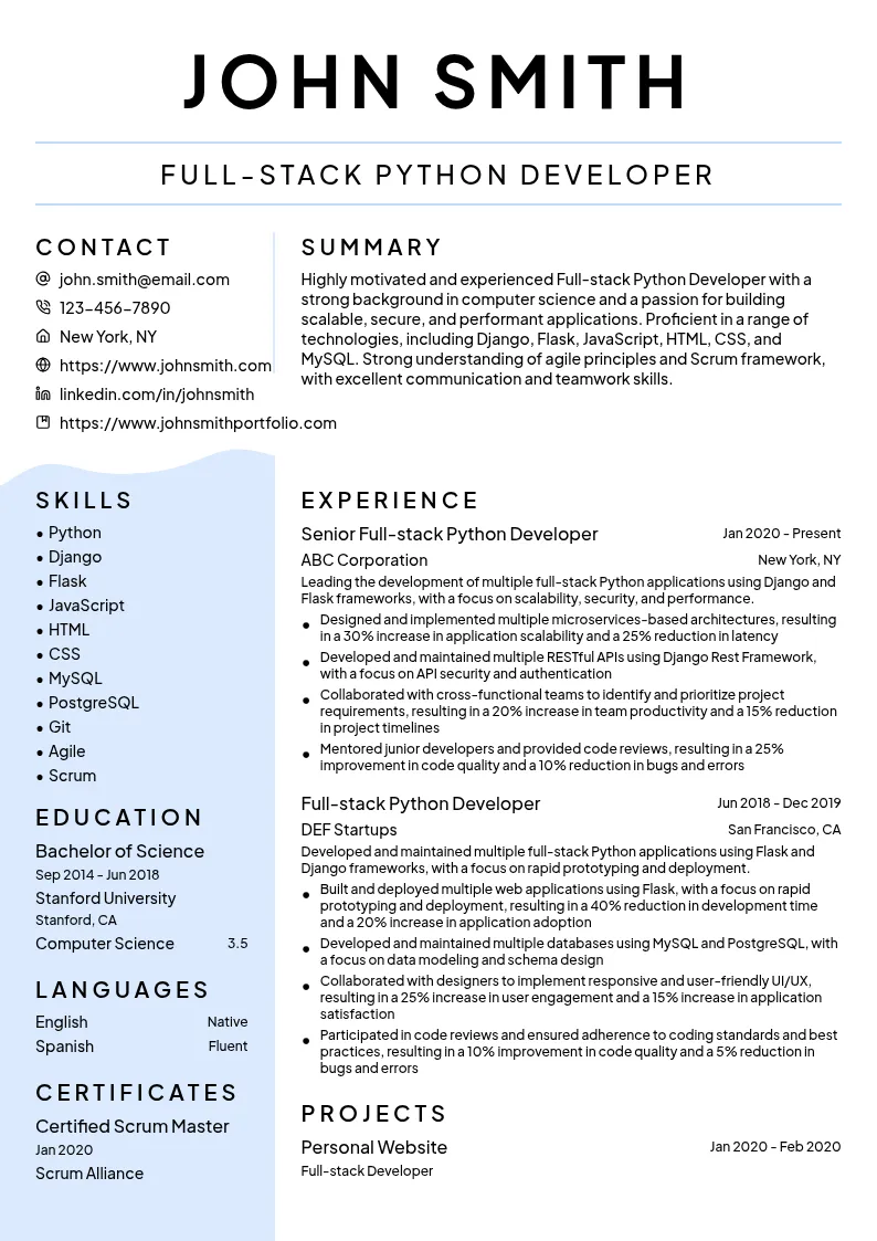 Full-stack Python Developer resume example