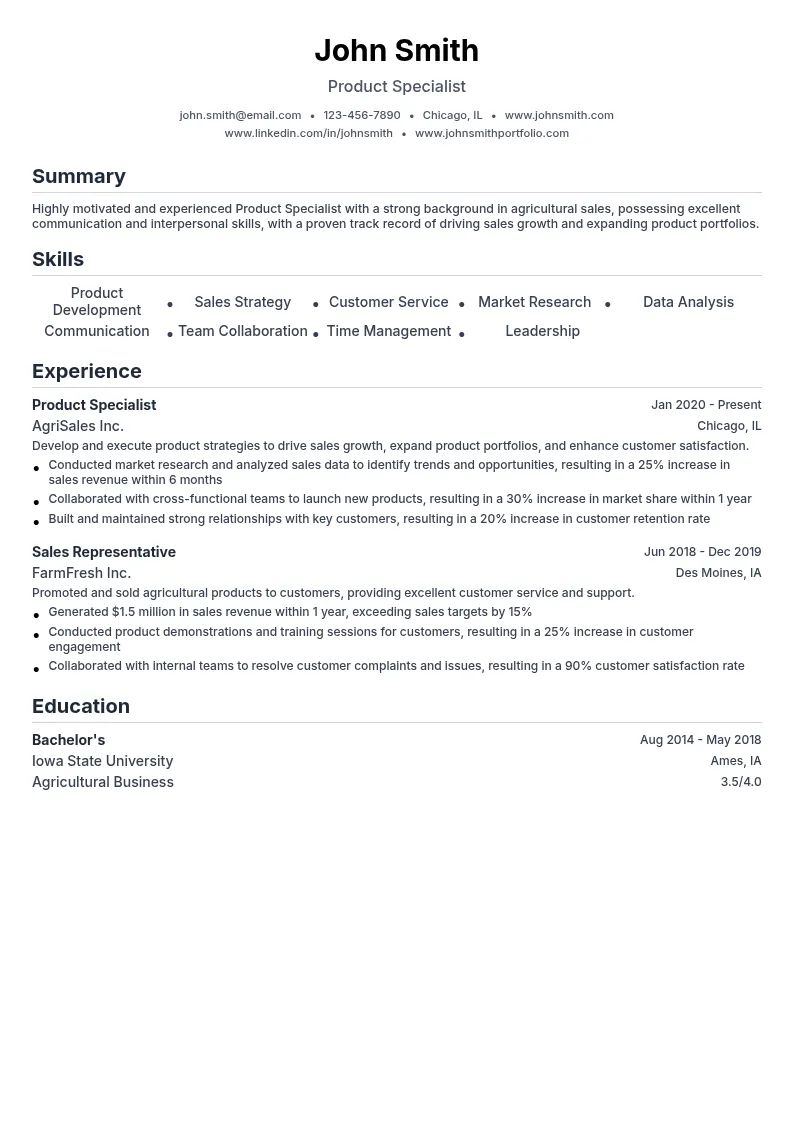Product Specialist resume example
