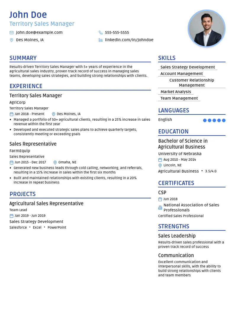 Territory Sales Manager resume example