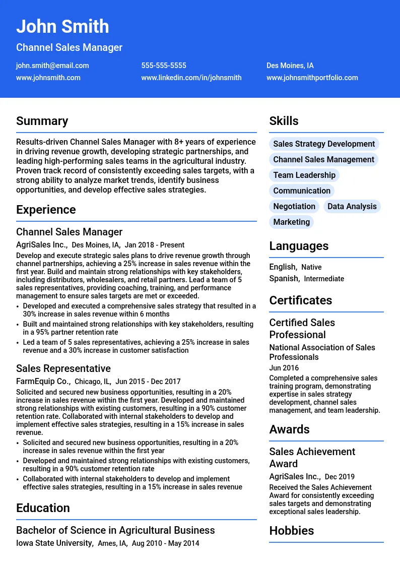 Channel Sales Manager resume example