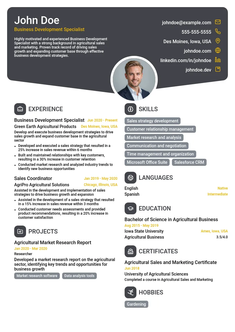 Business Development Specialist resume example