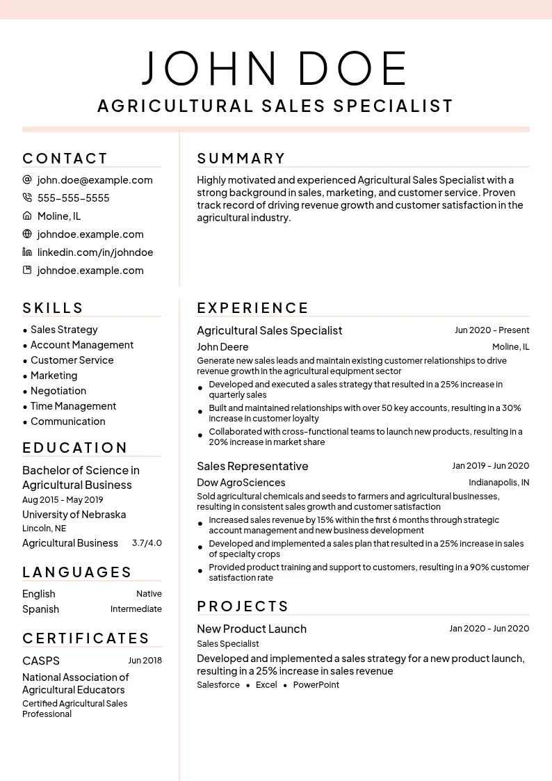 Agricultural Sales Specialist resume example