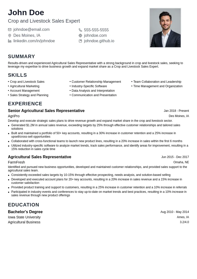 Crop and Livestock Sales Expert resume example