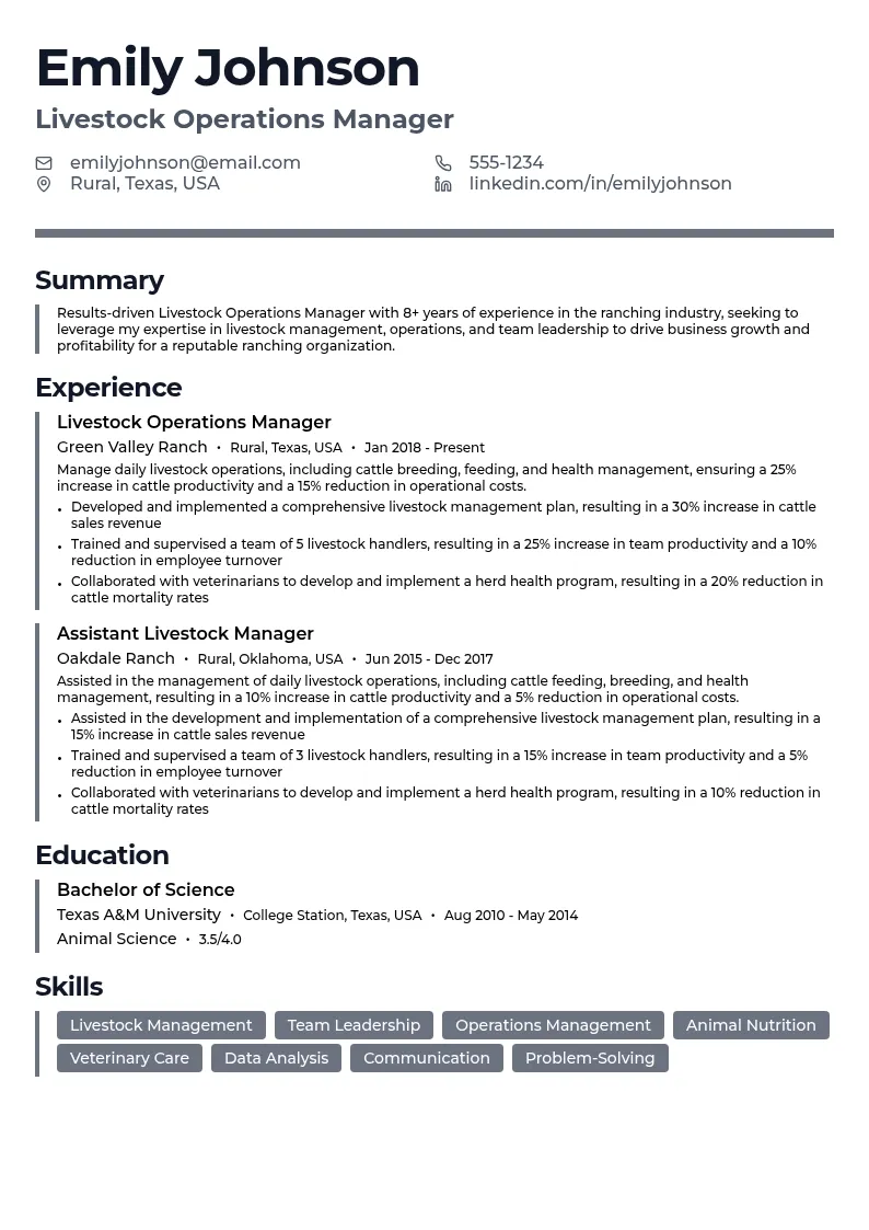 Livestock Operations Manager resume example