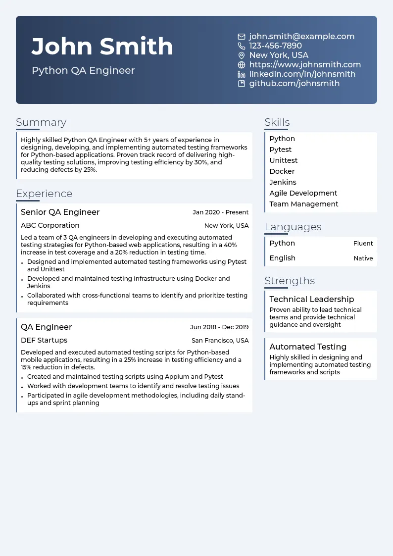 Python QA Engineer resume example