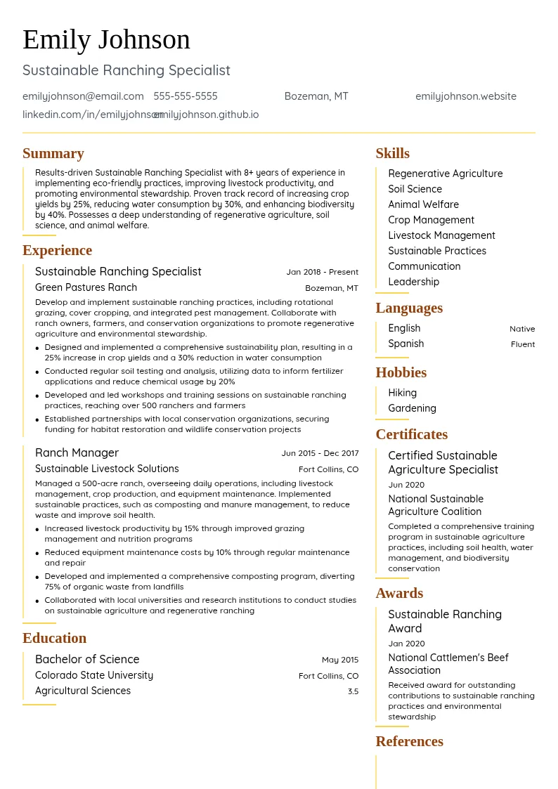 Sustainable Ranching Specialist resume example