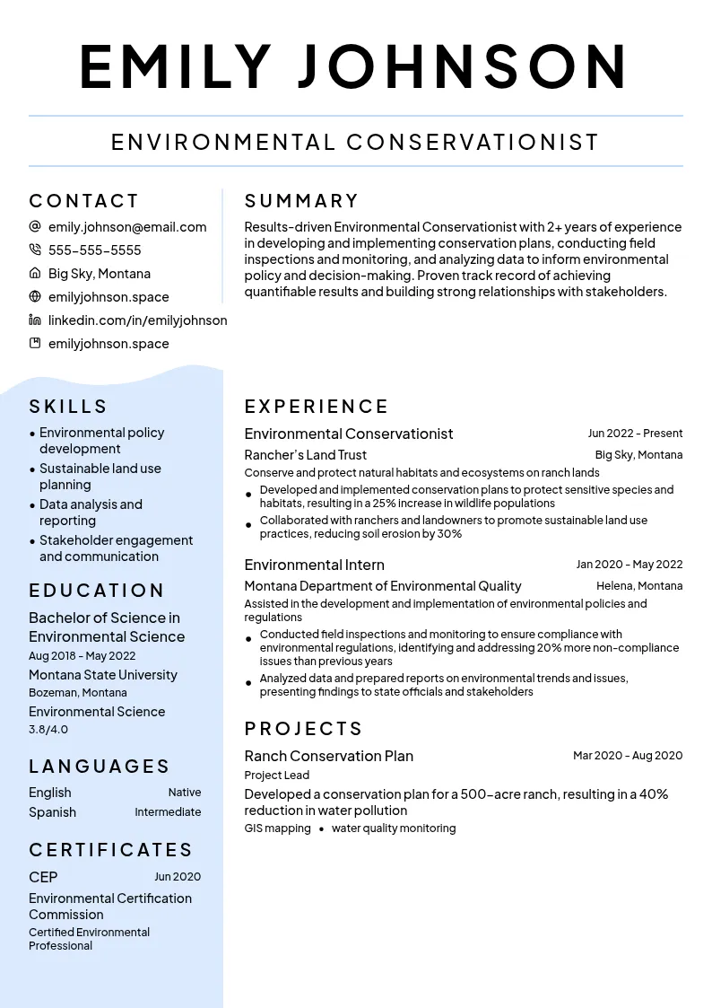 Environmental Conservationist resume example