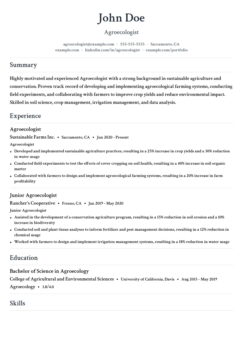 Agroecologist resume example