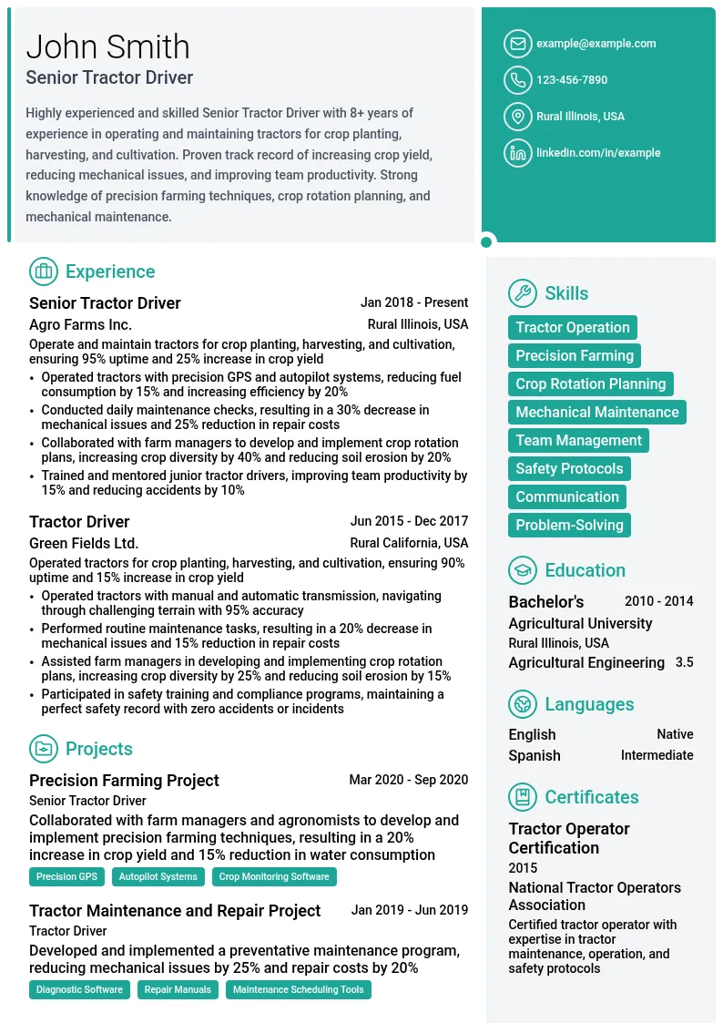 Senior Tractor Driver resume example