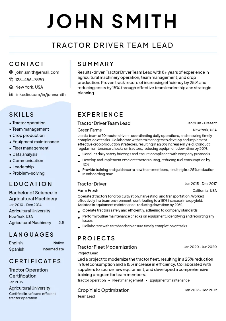 Tractor Driver Team Lead resume example