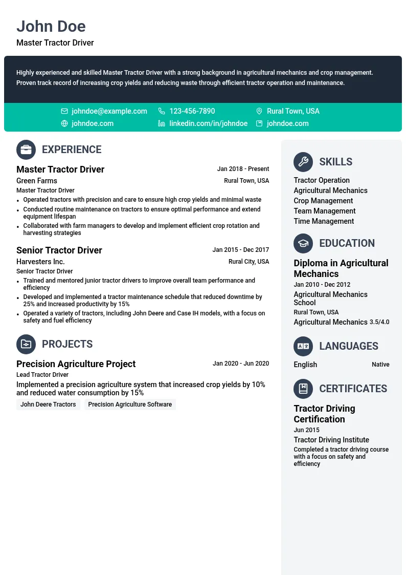 Master Tractor Driver resume example
