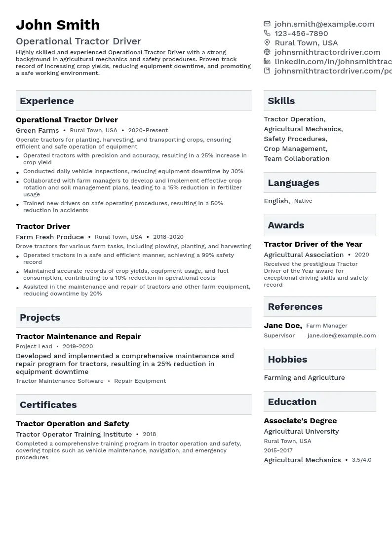 Operational Tractor Driver resume example