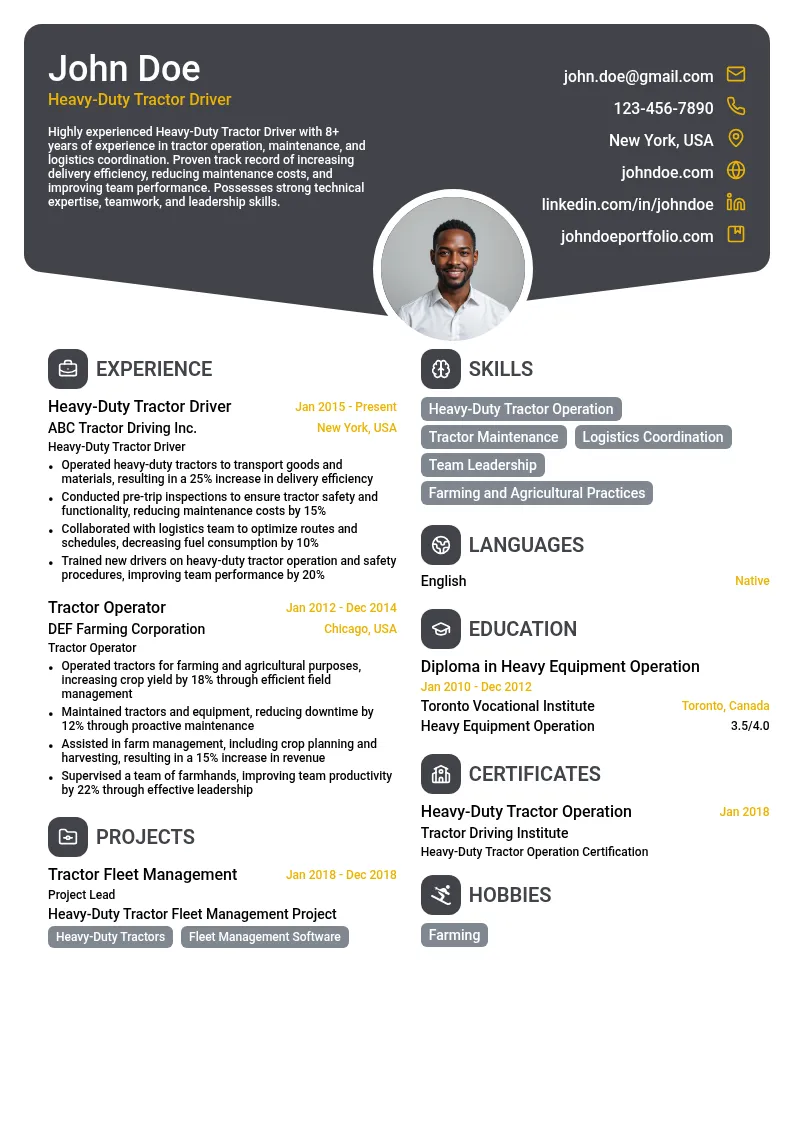 Heavy-Duty Tractor Driver resume example