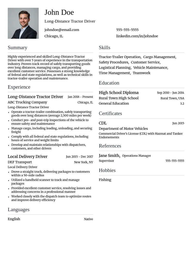Long-Distance Tractor Driver resume example
