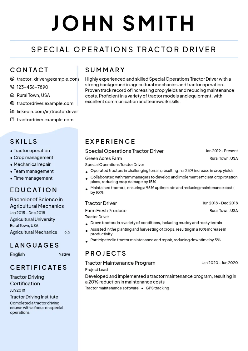 Special Operations Tractor Driver resume example