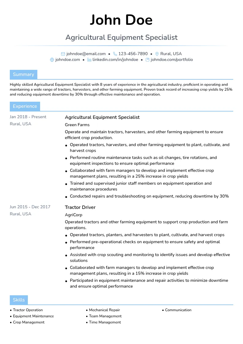 Agricultural Equipment Specialist resume example