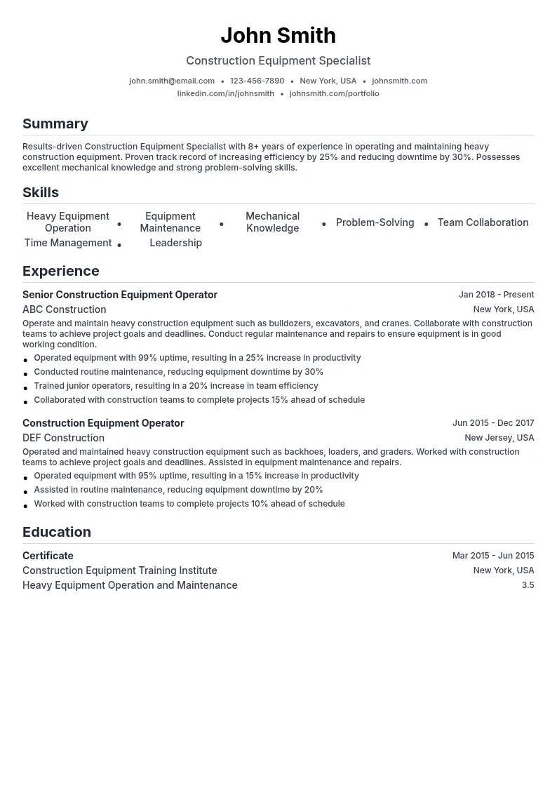 Construction Equipment Specialist resume example