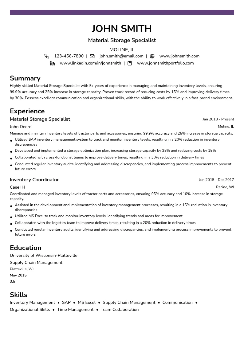 Material Storage Specialist resume example