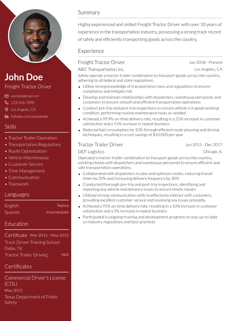Freight Tractor Driver resume example
