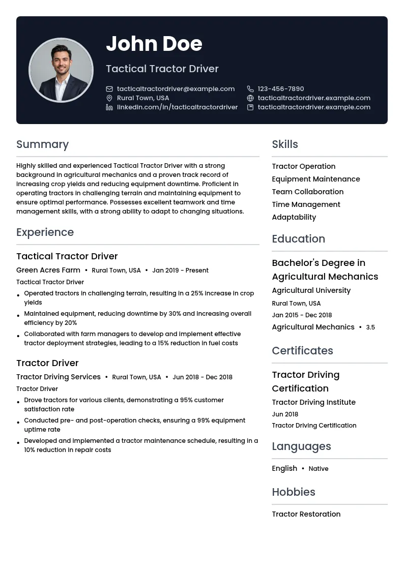 Tactical Tractor Driver resume example
