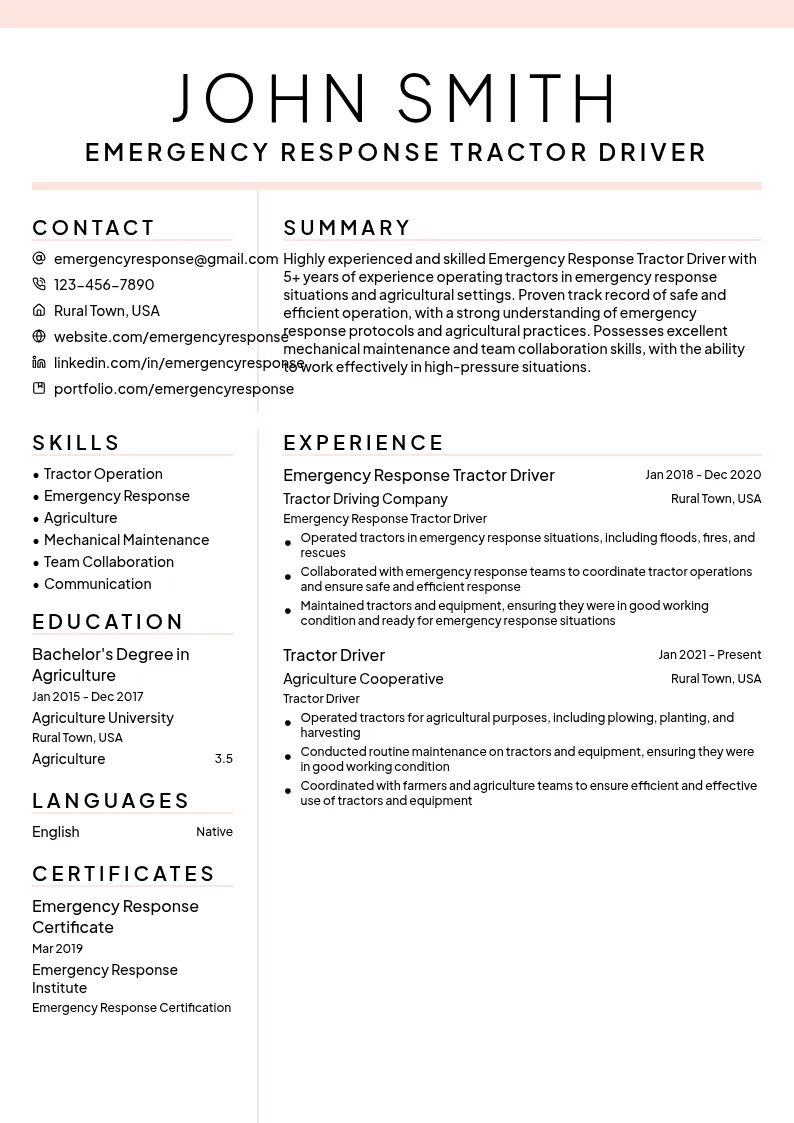 Emergency Response Tractor Driver resume example