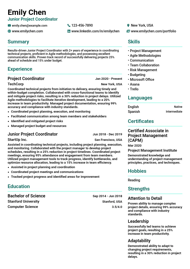 Junior Project Coordinator resume example