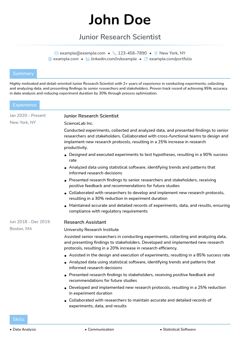 Junior Research Scientist resume example