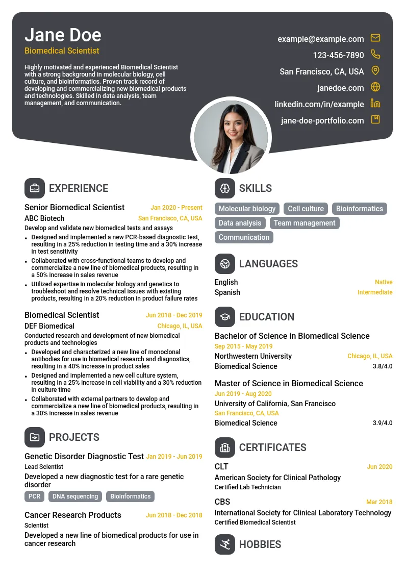 Biomedical Scientist resume example
