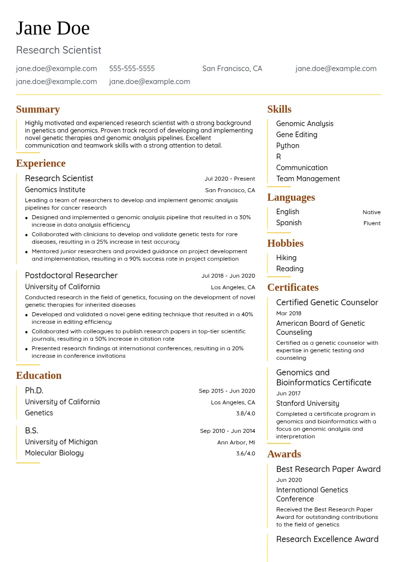 Genetics resume example