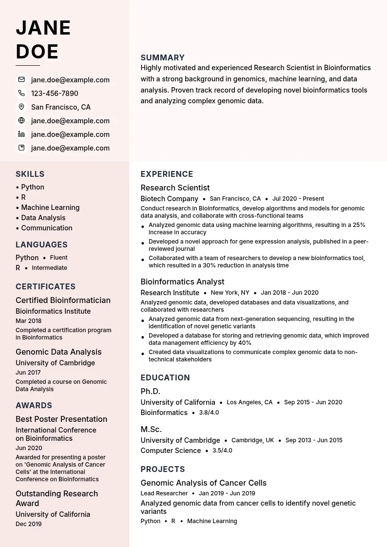 Bioinformatics resume example