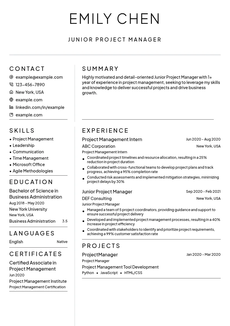 Junior Project Manager resume example