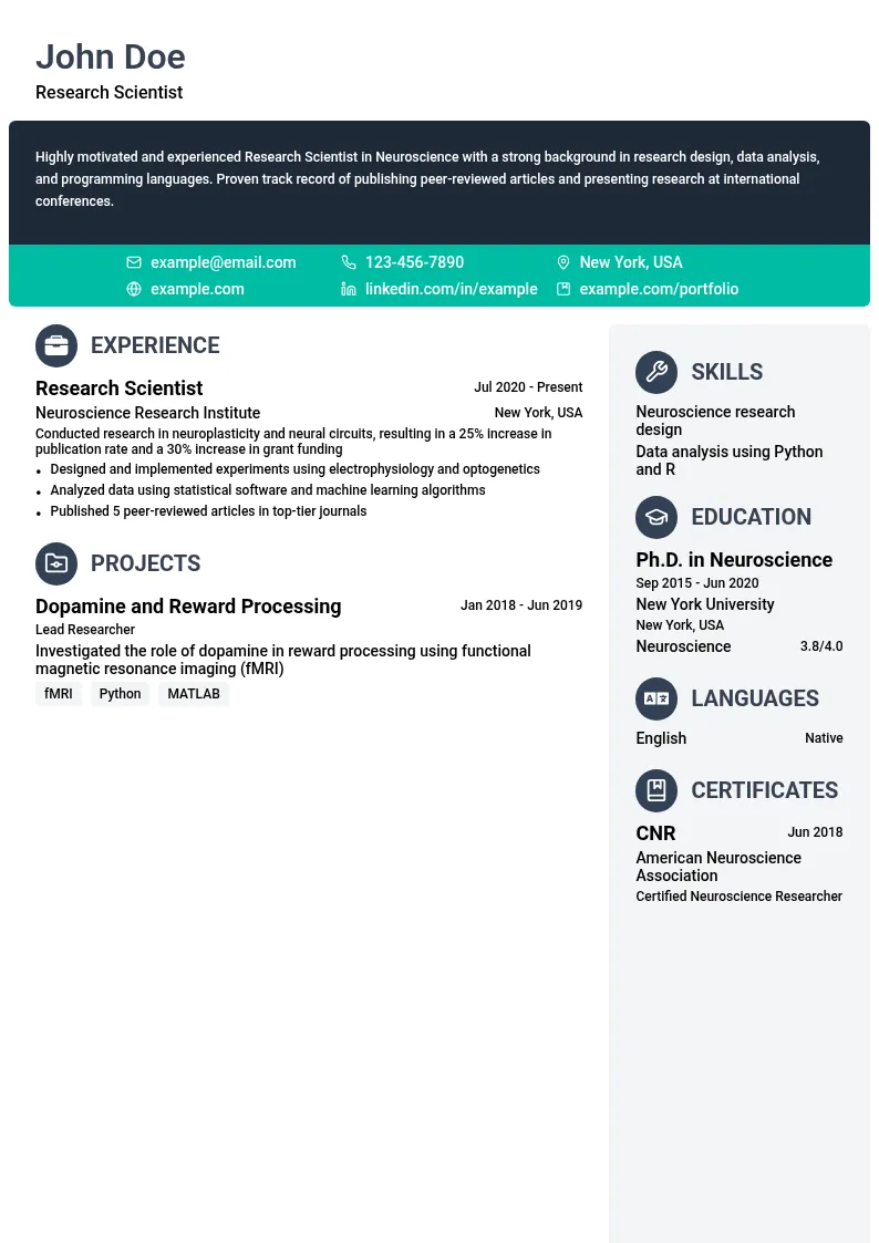 Neuroscience resume example