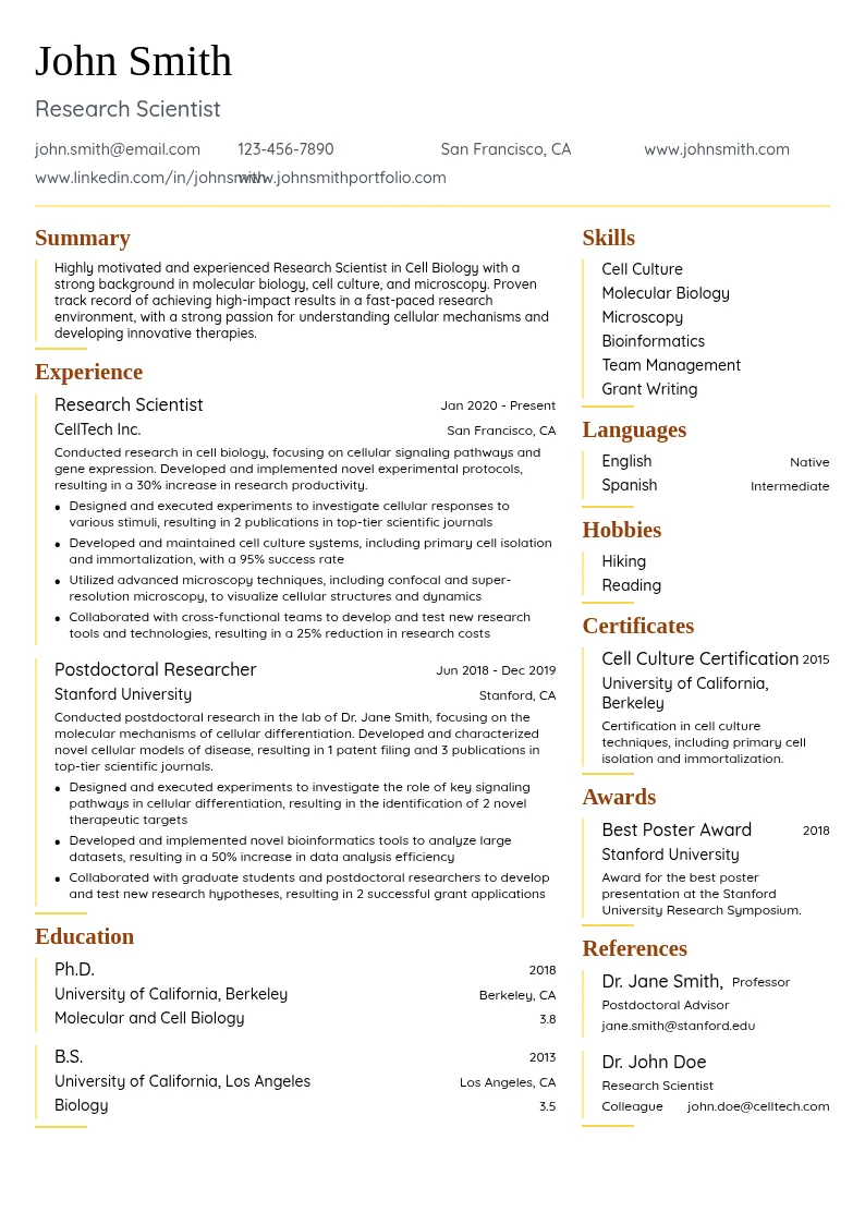 Cell Biology resume example