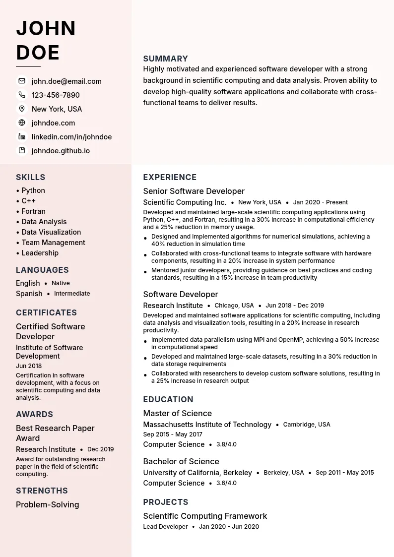 Software Development for Scientific Computing resume example