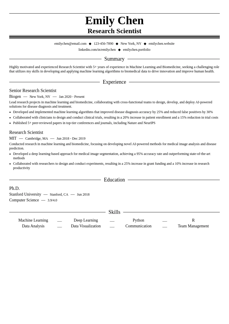 Machine Learning in Biomedicine resume example