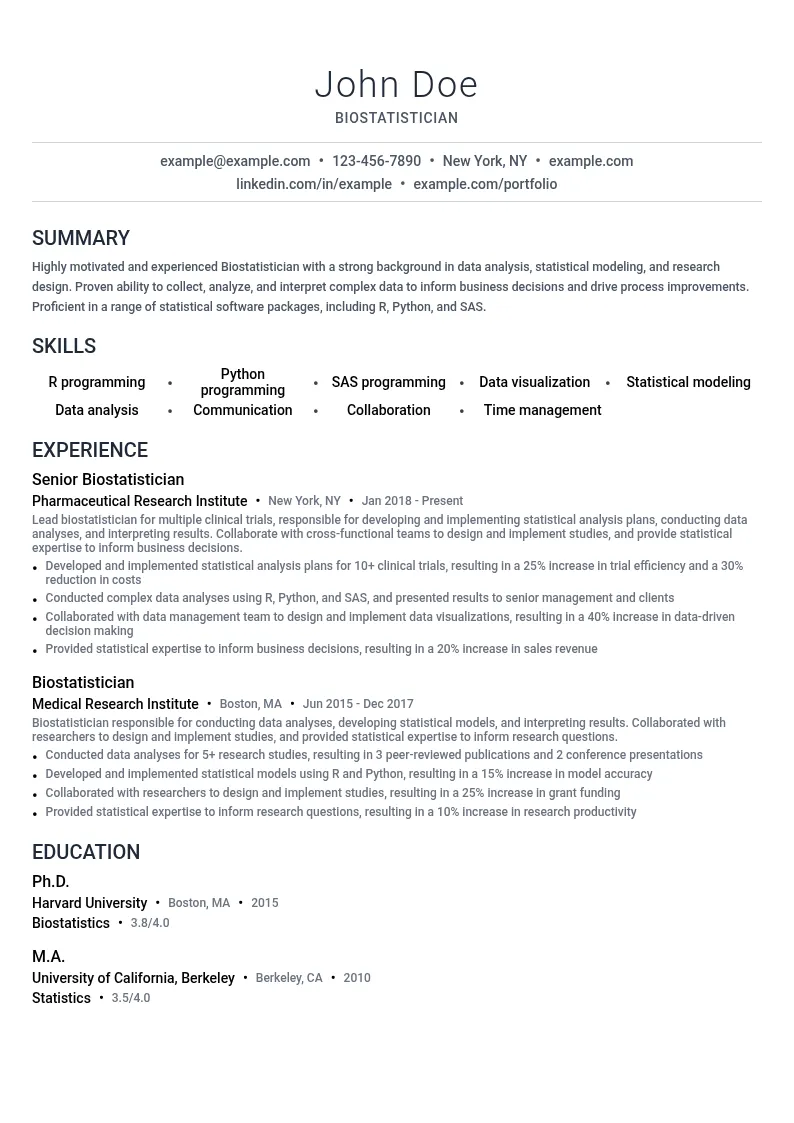 Biostatistics and Data Analysis resume example
