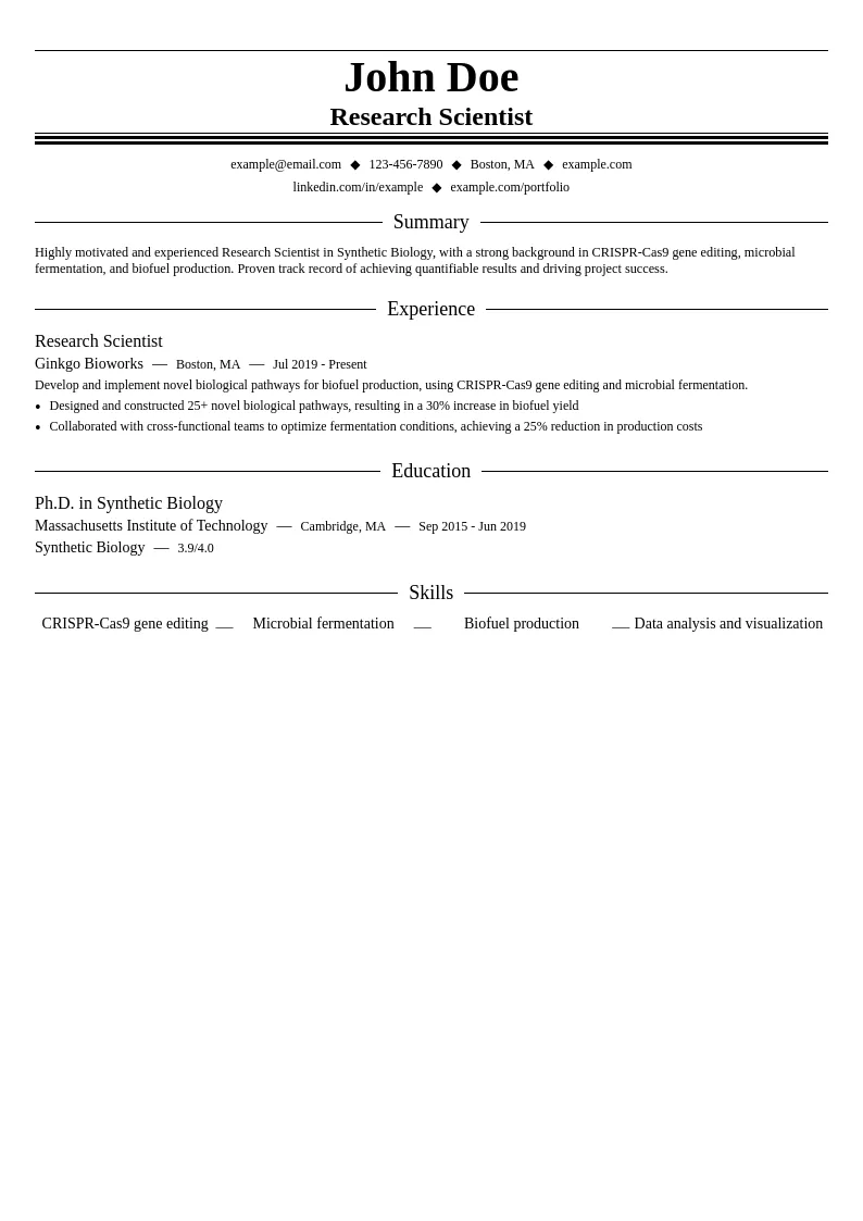 Synthetic Biology resume example
