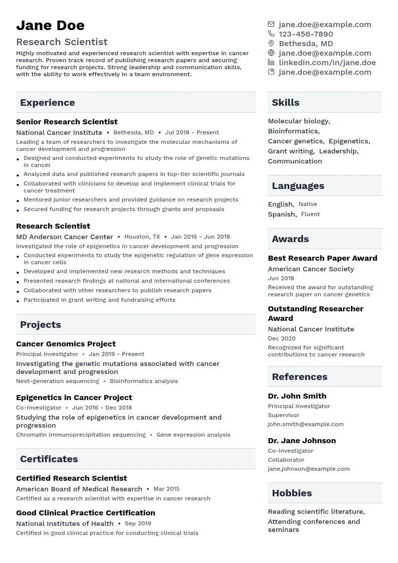 Cancer Research resume example