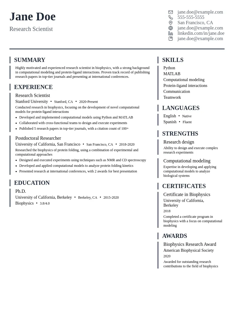 Biophysics resume example