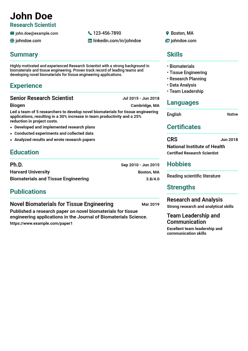 Biomaterials and Tissue Engineering resume example