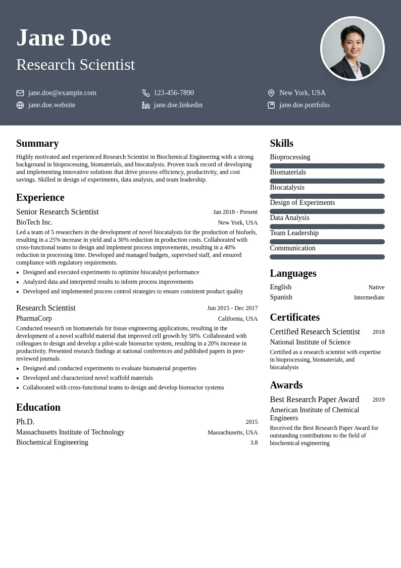 Biochemical Engineering resume example
