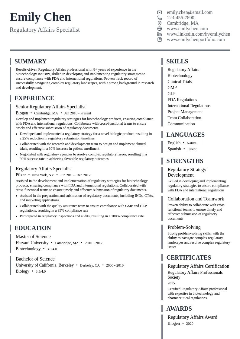 Regulatory Affairs in Biotechnology resume example