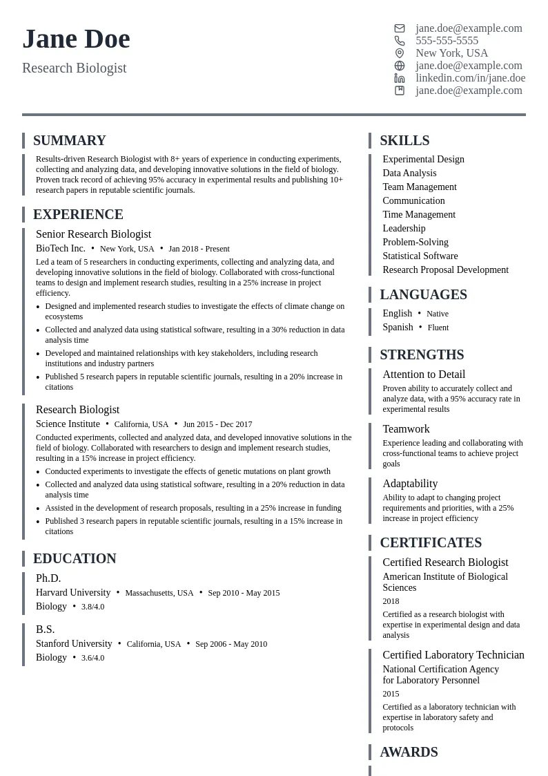 Research Biologist resume example
