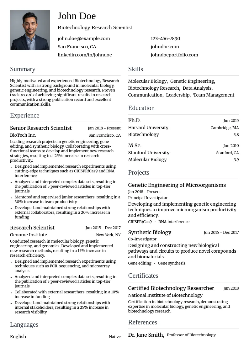 Biotechnology Research Scientist resume example