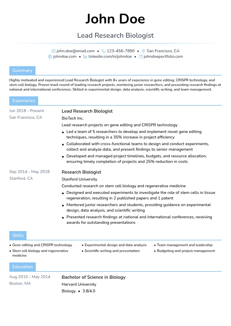 Lead Research Biologist resume example