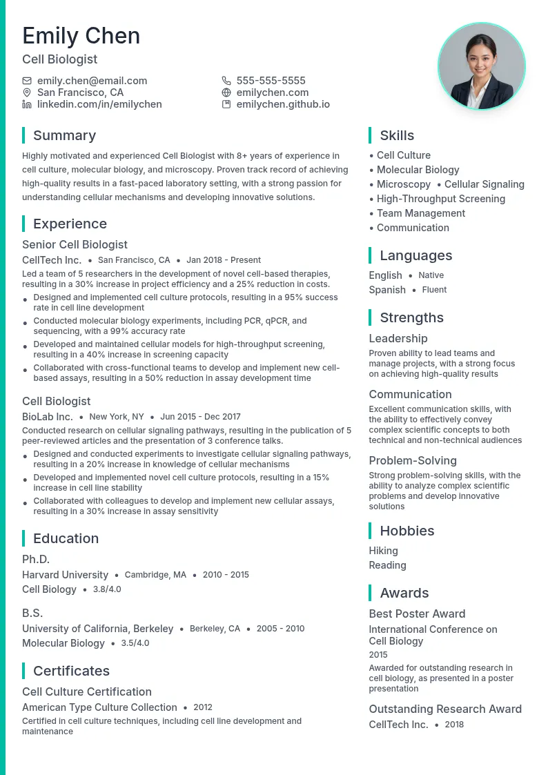 Cell Biologist resume example