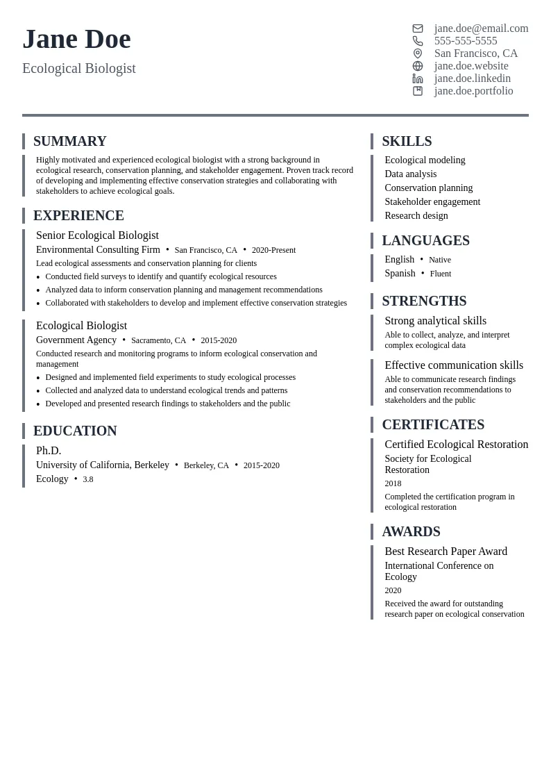 Ecological Biologist resume example