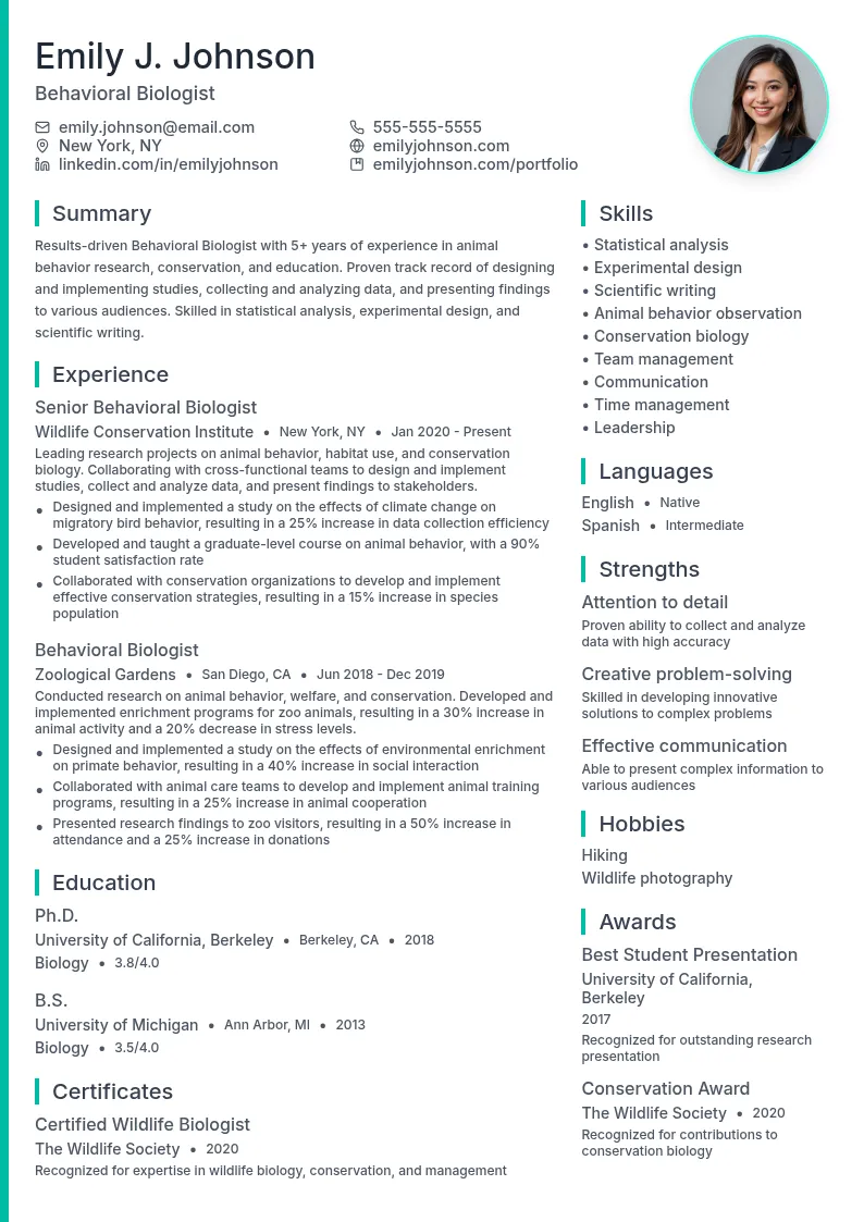 Behavioral Biologist resume example