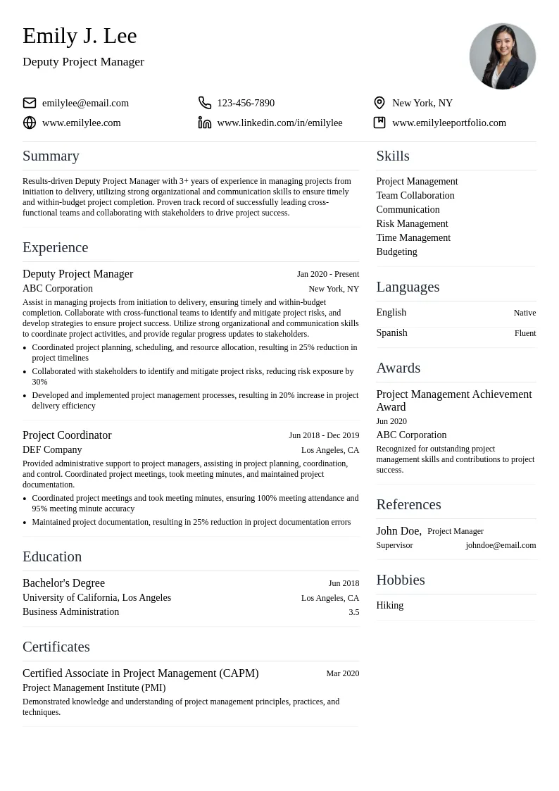Deputy Project Manager resume example